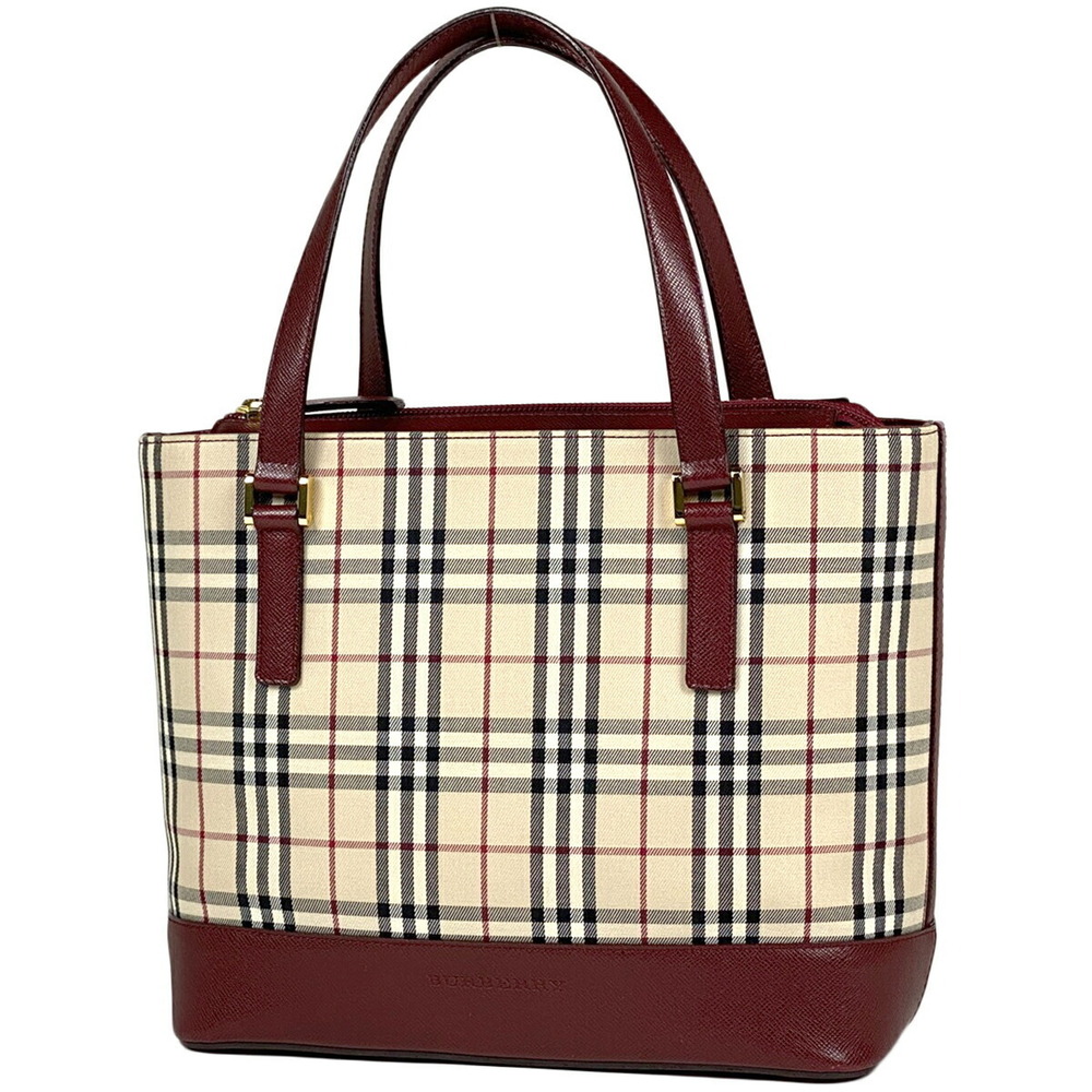 Burberry logo tote bag check handbag canvas beige Burgundy Red